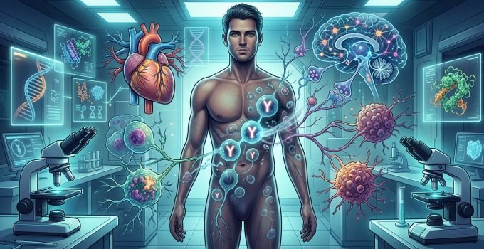 Ilustração científica mostrando a perda do cromossomo Y em homens com o envelhecimento, destacando a conexão com doenças cardíacas, Alzheimer e câncer.