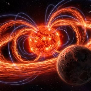 Representação artística de uma estrela anã M jovem com anéis de plasma massivos em seu campo magnético, iluminando um exoplaneta rochoso.