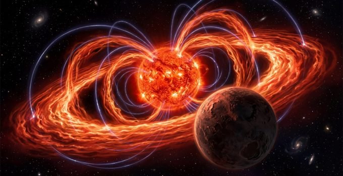 Representação artística de uma estrela anã M jovem com anéis de plasma massivos em seu campo magnético, iluminando um exoplaneta rochoso.