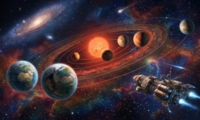 Representação artística do sistema TRAPPIST-1 com vários planetas habitáveis, alguns com água líquida na superfície, e uma nave espacial futurista no estilo de