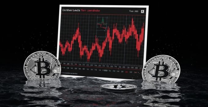 Gráfico de Bitcoin em forte queda com moedas afundando, simbolizando a desvalorização da criptomoeda.