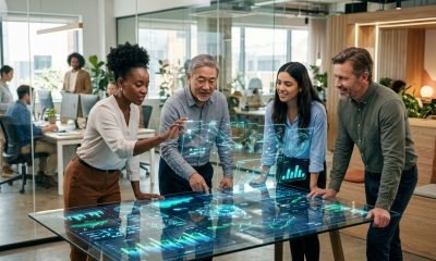 Profissional generalista utilizando inteligência artificial para otimizar tarefas complexas em um escritório moderno, simbolizando a adaptabilidade no futuro do