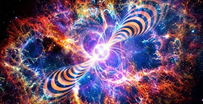 Representação artística do Pulsar do Caranguejo emitindo padrões de rádio em zebra, influenciados por gravidade e plasma na Nebulosa do Caranguejo.