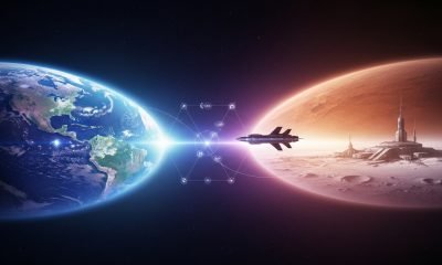 Imagem conceitual e futurista do espaço, com a Terra, um planeta colonizado e símbolos de balança, ilustrando as questões éticas da exploração espacial: proteção planetária e recursos.