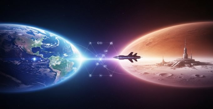 Imagem conceitual e futurista do espaço, com a Terra, um planeta colonizado e símbolos de balança, ilustrando as questões éticas da exploração espacial: proteção planetária e recursos.