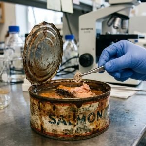 Cientista da Universidade de Washington examinando salmão enlatado de 40 anos para encontrar parasitas anisakid, importantes bioindicadores da saúde e recuperação dos oceanos.