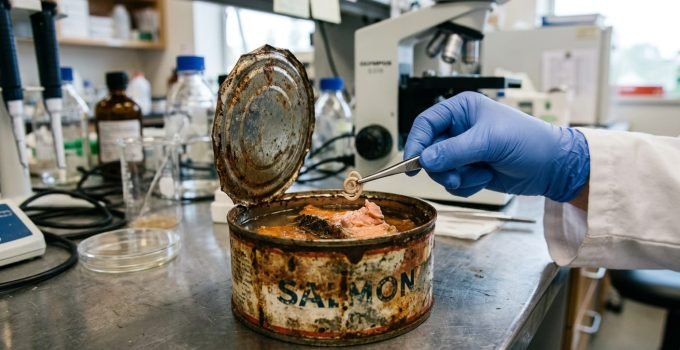 Cientista da Universidade de Washington examinando salmão enlatado de 40 anos para encontrar parasitas anisakid, importantes bioindicadores da saúde e recuperação dos oceanos.