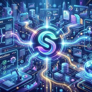 Slackbot, agente empresarial de IA, interagindo com ícones de reuniões, documentos e automação de fluxos de trabalho. Representa os mais de 30 recursos de inteligência artificial para otimização da produtividade.