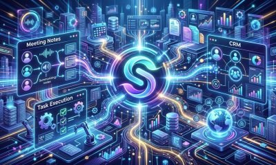 Slackbot, agente empresarial de IA, interagindo com ícones de reuniões, documentos e automação de fluxos de trabalho. Representa os mais de 30 recursos de inteligência artificial para otimização da produtividade.