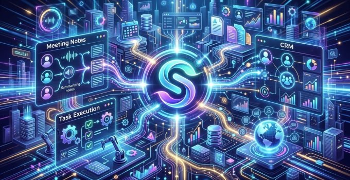 Slackbot, agente empresarial de IA, interagindo com ícones de reuniões, documentos e automação de fluxos de trabalho. Representa os mais de 30 recursos de inteligência artificial para otimização da produtividade.