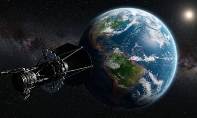 Representação artística de um exoplaneta com vasta vegetação verde, nuvens esparsas, sendo observado por um telescópio espacial que detecta o 'red edge' como um potencial sinal de vida extraterrestre.