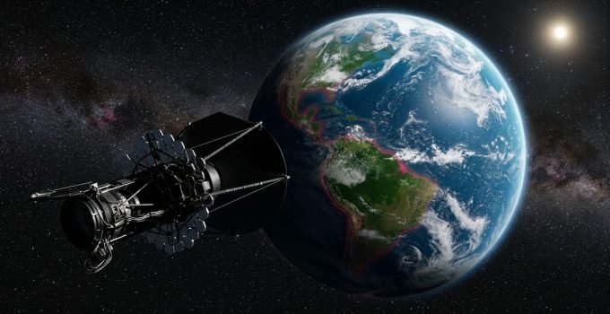 Representação artística de um exoplaneta com vasta vegetação verde, nuvens esparsas, sendo observado por um telescópio espacial que detecta o 'red edge' como um potencial sinal de vida extraterrestre.