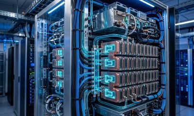 Servidores de IA de última geração com resfriamento líquido IA integrado, mostrando tubulações e componentes de armazenamento otimizados para alta performance e