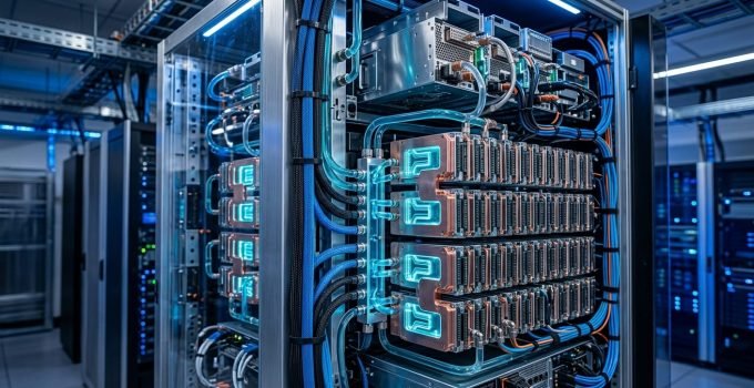 Servidores de IA de última geração com resfriamento líquido IA integrado, mostrando tubulações e componentes de armazenamento otimizados para alta performance e