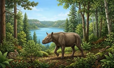 Ilustração artística de um rinoceronte do Ártico, Epiatheracerium itjilik, sem chifre, em uma floresta temperada exuberante no que hoje é o Ártico canadense, há