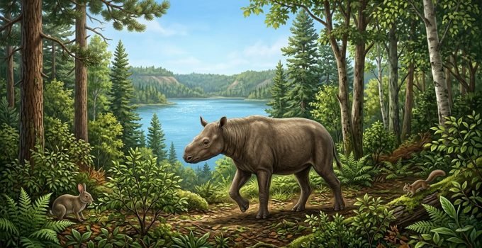 Ilustração artística de um rinoceronte do Ártico, Epiatheracerium itjilik, sem chifre, em uma floresta temperada exuberante no que hoje é o Ártico canadense, há