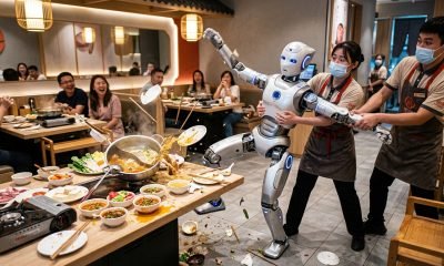 Robô dançarino AgiBot X2 causando tumulto em restaurante Haidilao, com funcionários tentando contê-lo.