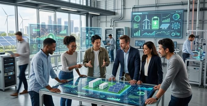 Profissionais diversos colaborando em um ambiente de inovação energética, ilustrando como o Rose Rock Bridge conecta startups e corporações para o futuro da ene