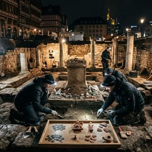Arqueólogos explorando as ruínas do santuário romano de Frankfurt em Nida-Heddernheim, destacando as estruturas de pedra e fossas rituais.