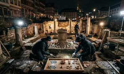 Arqueólogos explorando as ruínas do santuário romano de Frankfurt em Nida-Heddernheim, destacando as estruturas de pedra e fossas rituais.