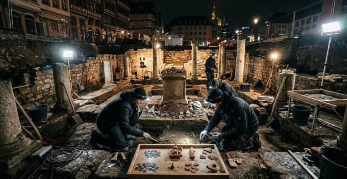 Arqueólogos explorando as ruínas do santuário romano de Frankfurt em Nida-Heddernheim, destacando as estruturas de pedra e fossas rituais.