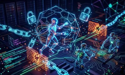 Agentes de IA em ambiente digital com falhas de segurança: códigos vulneráveis, cadeados abertos e dados expostos, ilustrando os desafios da RSA Conference 2026.