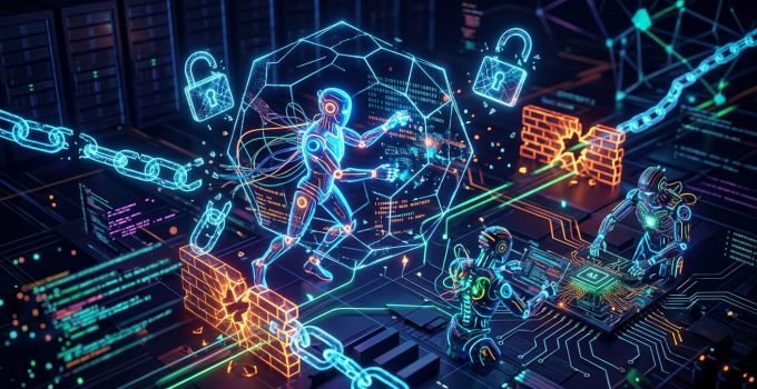 Agentes de IA em ambiente digital com falhas de segurança: códigos vulneráveis, cadeados abertos e dados expostos, ilustrando os desafios da RSA Conference 2026.