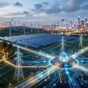 Ilustração da revolução tecnológica no setor elétrico brasileiro com drones, painéis solares, IA e digitalização para otimização e sustentabilidade