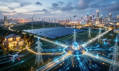 Ilustração da revolução tecnológica no setor elétrico brasileiro com drones, painéis solares, IA e digitalização para otimização e sustentabilidade