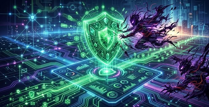 Escudo cibernético verde KiloClaw for Organizations protegendo rede corporativa de Shadow AI, assegurando governança e segurança de IA.