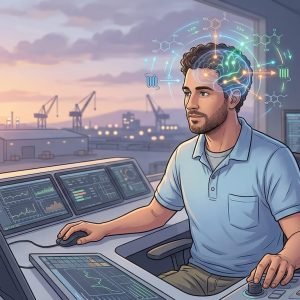 Trabalhador matutino alerta e produtivo em escritório moderno ao nascer do sol, mostrando o impacto positivo do solriamfetol na vigília.