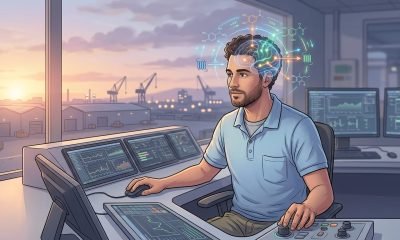 Trabalhador matutino alerta e produtivo em escritório moderno ao nascer do sol, mostrando o impacto positivo do solriamfetol na vigília.