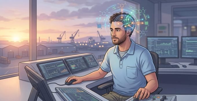 Trabalhador matutino alerta e produtivo em escritório moderno ao nascer do sol, mostrando o impacto positivo do solriamfetol na vigília.