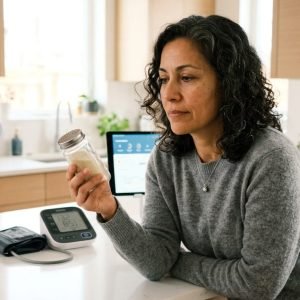 Pessoa observando substituto de sal para redução de sódio e controle da pressão alta.