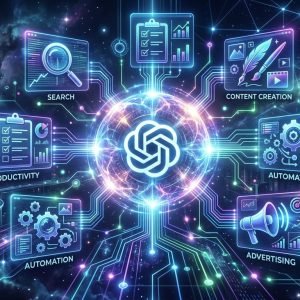 Visão futurista do superapp de IA da OpenAI com ícones interligados de busca, produtividade e criação, simbolizando a unificação de funcionalidades para o IPO.