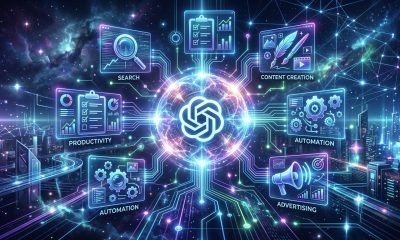 Visão futurista do superapp de IA da OpenAI com ícones interligados de busca, produtividade e criação, simbolizando a unificação de funcionalidades para o IPO.