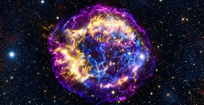 Imagem composta da Supernova RCW 86, destacando a borda externa em roxo (IXPE), raios-X de baixa energia em amarelo e de alta energia em azul, sobre um campo es