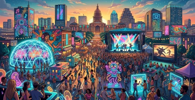 SXSW Austin - Austin durante o SXSW, mostrando a cidade como um elemento ativo na cultura pop e inovação.