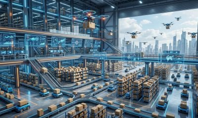 Robôs e drones operando em centro de distribuição, exemplificando a tecnologia na supply chain, automação logística e IA no Brasil.