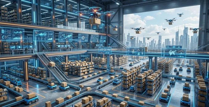 Robôs e drones operando em centro de distribuição, exemplificando a tecnologia na supply chain, automação logística e IA no Brasil.
