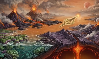 Representação artística da Terra antiga há 3.5 bilhões de anos, com a tectônica de placas em movimento, vulcões ativos e oceanos primitivos, destacando a comple