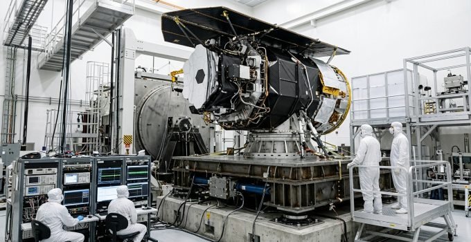 Telescópio Espacial Roman da NASA sendo testado em mesa vibratória antes do lançamento.