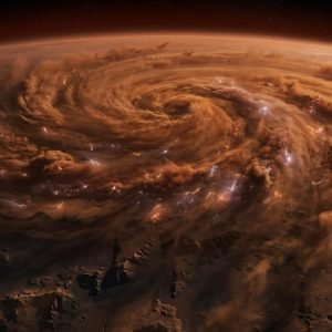 Tempestade de poeira em Marte com descargas elétricas iluminando a atmosfera e gerando reações químicas.