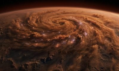 Tempestade de poeira em Marte com descargas elétricas iluminando a atmosfera e gerando reações químicas.