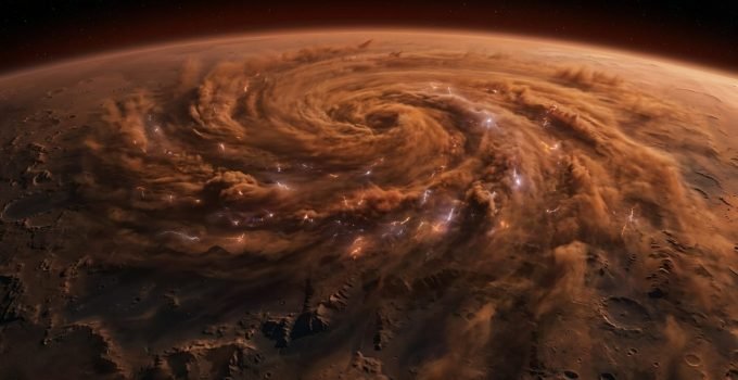 Tempestade de poeira em Marte com descargas elétricas iluminando a atmosfera e gerando reações químicas.