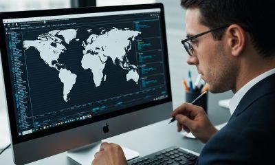 Agente do Tesouro dos EUA analisando dados de criptomoedas em um escritório