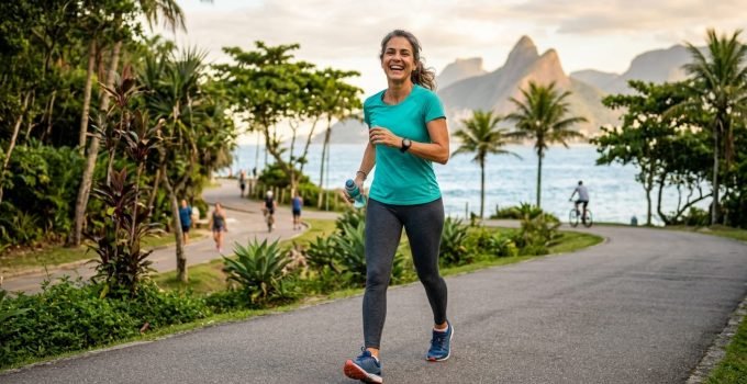 Mulher sorridente pós-menopausa, simbolizando a eficácia da combinação de Tirzepatida e Terapia Hormonal na perda de peso e bem-estar.