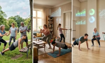 Pessoas de diferentes idades e tipos físicos praticando treino de força com exercícios simples e acessíveis, enfatizando a consistência para saúde muscular e bem-estar.