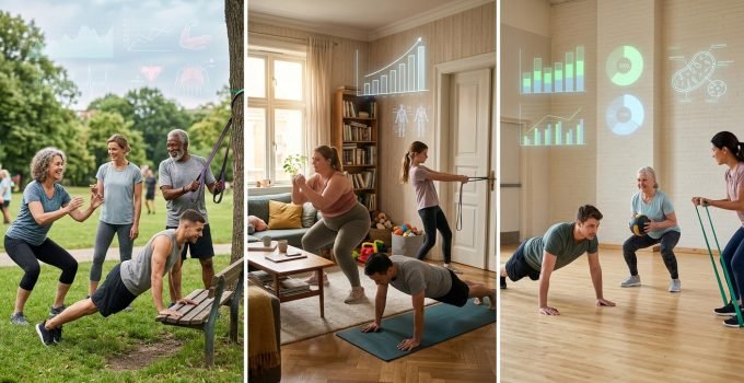 Pessoas de diferentes idades e tipos físicos praticando treino de força com exercícios simples e acessíveis, enfatizando a consistência para saúde muscular e bem-estar.