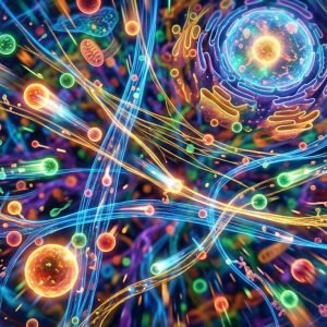 Representação visual de ventos celulares (fluxos de fluidos) transportando proteínas dentro de uma célula. Descoberta chave para o câncer.